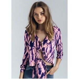 Topshop Blouse Womens Size Small 4 Tie Front Ruffle Long Sleeve Satin Pink Print